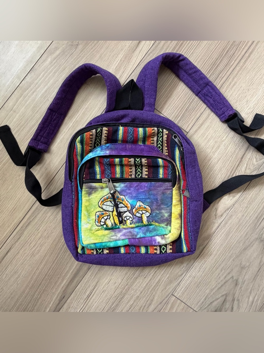 Boho Ark Imports Patch Work Hippie Nepal Woven Mini Backpack Mushrooms NWOT